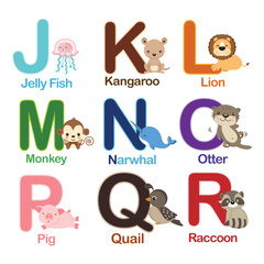 English alphabet with cute animals vector illustration.