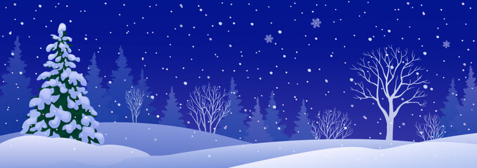 Vector illustration of a winter night forest, blue background panorama