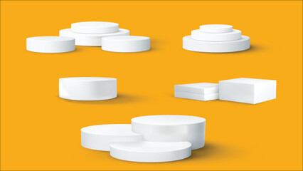 Set of realistic white blank products podium scene isolated on reverberation background