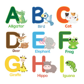 English alphabet with cute animals vector illustration.