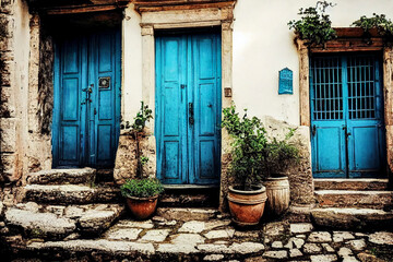 Fototapeta na wymiar Enchanting old quarter of beautiful old European town with stone houses along narrow street in a tranquil corner, artistic illustration