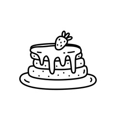 Cute pancakes with strawberry jam decorated with berries. Sweet food isolated on white background. Vector hand-drawn illustration in doodle style. Perfect for cards, decorations, logo, menu.