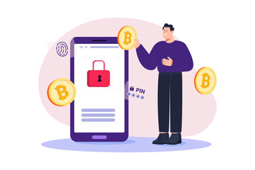 Concept of encryption, encoding digital currency data, cryptocurrency security and protection. Modern flat vector illustration.