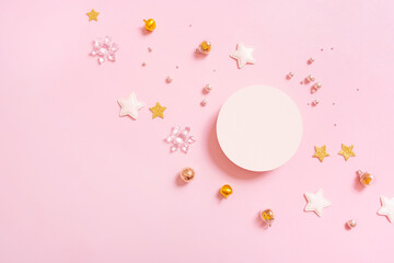 Mock up podium or pedestal for skincare beauty products and Christmas decorations flat lay on...