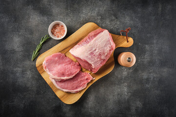 Raw pork meat. Big piece of the fresh uncooked pork loin - obrazy, fototapety, plakaty