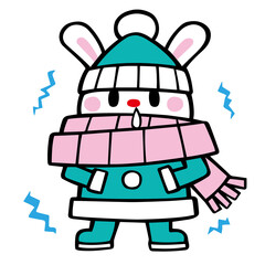 寒くて厚着をするウサギ