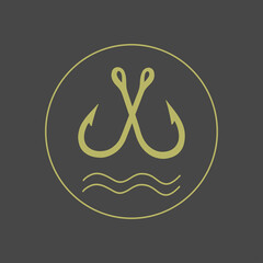 Gold fishing hook sticker. Emblem for your fishing boat. Logo for fish buisness. Black background.