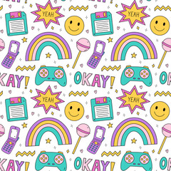 Bright seamless pattern with items from the nineties - retro flip phone, joystick, floppy disk, smile, chupa chups, stars and rainbows on checkered background. Nostalgia for the 1990s. Funny print. © lesyau_art