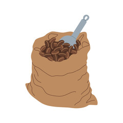 Bag with coffee beans. Opened jute sack full of coffee grains with scoop. Hand drawn colored vector illustration isolated on white background. Flat cartoon style.