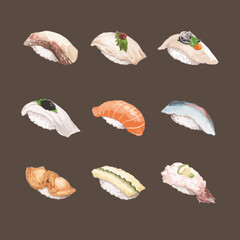 Set of Watercolor Sushi Vector Illustration