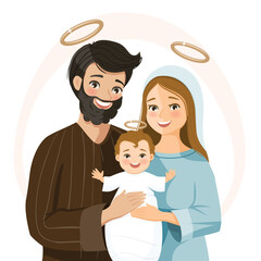 Smiling holy Family. Nativity scene. Birth of Christ. Christmas season