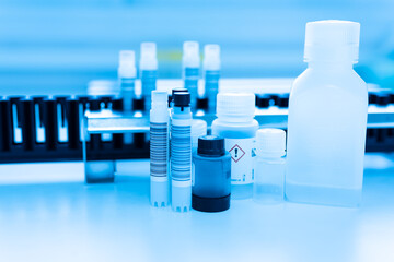 Reagent tubes and bottes for laboratory analysis automate machine.Sample specimen in test tube and...