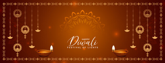 Beautiful Happy Diwali festival greeting banner with hanging lamps design