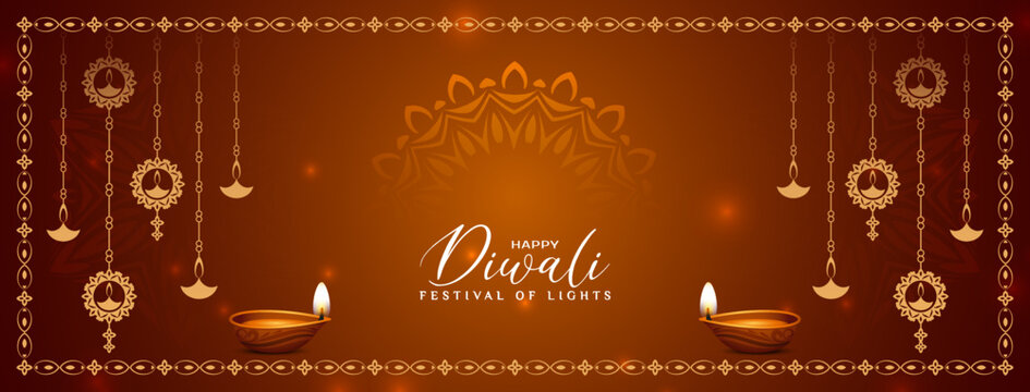 Beautiful Happy Diwali festival greeting banner with hanging lamps design