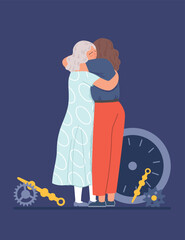 The concept of the loss of a loved one. Broken clocks. Womens hug each other. Human time.  Cartoon characters. Hand-drawn vector illustration. All elements are isolated.