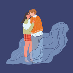 The concept of discord in the family. Cheating on a loved one.  Sad girl hugging a man. Cartoon characters. Hand-drawn vector illustration. All elements are isolated.