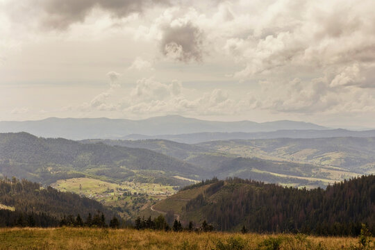 Scenic view of Carpathian Mountains under cloudy sky, Ukraine