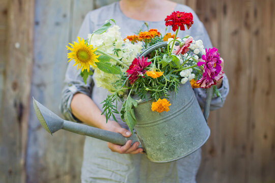 Mature woman holding bouquet of multi colored flowers in galvanized water can