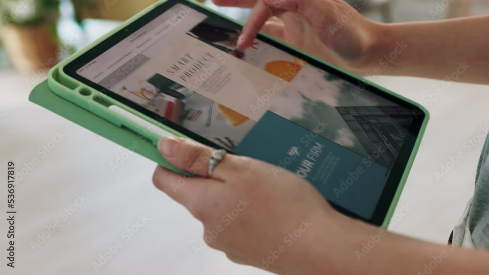 Aufkleber tablet, contact us and about us with the hands of woman on the search for data, information and webs