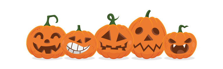 Set of Halloween pumpkins on white background.