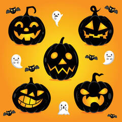 Halloween seamless pattern with pumpkin and ghost and bats.