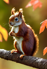 Adorable baby squirrel sitting on the branch. Red squirrel portrait in autumn background. 3d rendering.