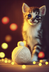 Sweet fluffy cat sitting on the ground. Adorable kitten playing with a ball of wool. 3D rendering.