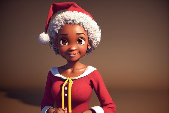 3D rendering of computer-generated African American Mrs Claus wearing a traditional red and white Santa hat and Santa Suit. Meant to look like modern animation