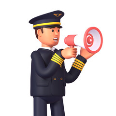 3d render of cheerful airline pilot holding megaphone and making announcement © paper_owl