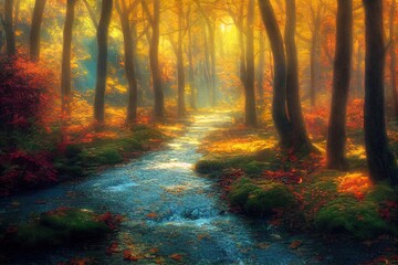 A 3D rendered autumn forest in the fall. Natural landscape meant to look like photorealism. Leaves falling from the trees and changing colors with the season.