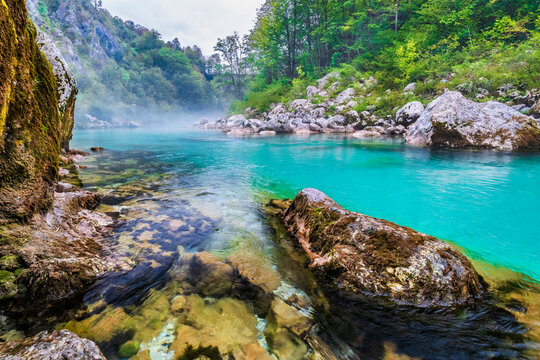 Slovenia, View of turquoise colored Soca river