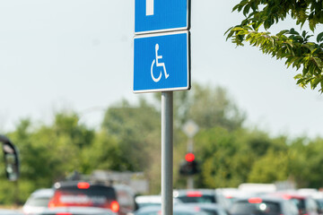 Reserved parking space sign, handicapped person with disability in wheelchair pictogram