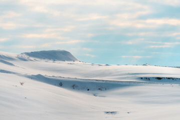 Snow capped hill in winter. Zlatibor mountain landscape with clouds over horizon.