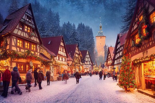 3D rendered computer generated image made to look like a digital oil painting. Holiday village during the winter. Christmas time in a small rural town