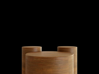 Cosmetic wood podium isolated in black background. Template for product presentation. 3d rendering