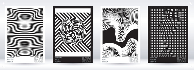Geometrical Poster Design with Optical Illusion Effect.  Minimal Psychedelic Cover Page Collection. Monochrome Wave Lines Background. Fluid Stripes Art. Swiss Design. Vector Illustration for Placard.