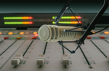 Professional microphone and sound mixer in radio station studio