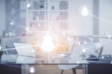 Double exposure of social network theme drawing and office interior background. Concept of web.