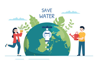 Water Saving Templates Hand Drawn Flat Cartoon Illustration for Mineral Savings Campaign with Faucet and Earth Concept