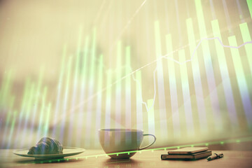 Naklejka na ściany i meble Double exposure of forex chart over coffee cup background in office. Concept of financial analysis and success.