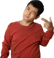 Asian young man pointing with finger to head like he shoots himself.