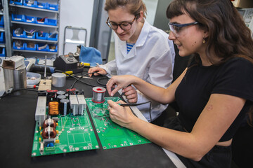 Engineers soldering circuit board together in electronics industry