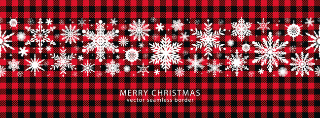 Snowflakes on a Buffalo plaid background..Vector border seamless pattern. Festive winter texture..