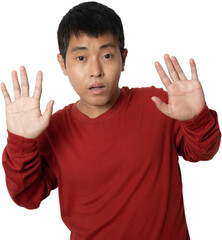 Portrait of young man show stop gesture sign by hand.