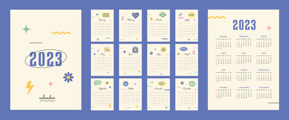 Calendar 2023 with retro shapes and positive stickers. Week start on Sunday. Set of 12 months, cover and one sheet of the year. Template for A4 A3 A5 size. Vector illustration in 1990s style
