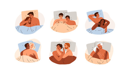 Sex and intimacy concept. Lovers couple in good and bad sexual intimate relationships, libido set. Love partners, people in beds. Flat graphic vector illustrations isolated on white background - obrazy, fototapety, plakaty