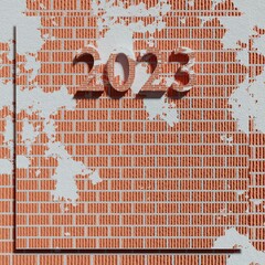 new year calendar builder background brick plaster 2023 figures, 3d render