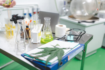 Cannabis ganja CBD oil scientific extraction machine, medicine factory technology for scientist worker in work of hemp plants process laboratory. chemical production equipment concept