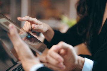 professional businessman and businesswoman meeting to work with corporate project discussion with business team together, communication of colleague teamwork group man and woman in creative office