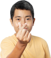 Portrait of young man showing mini heart sign.